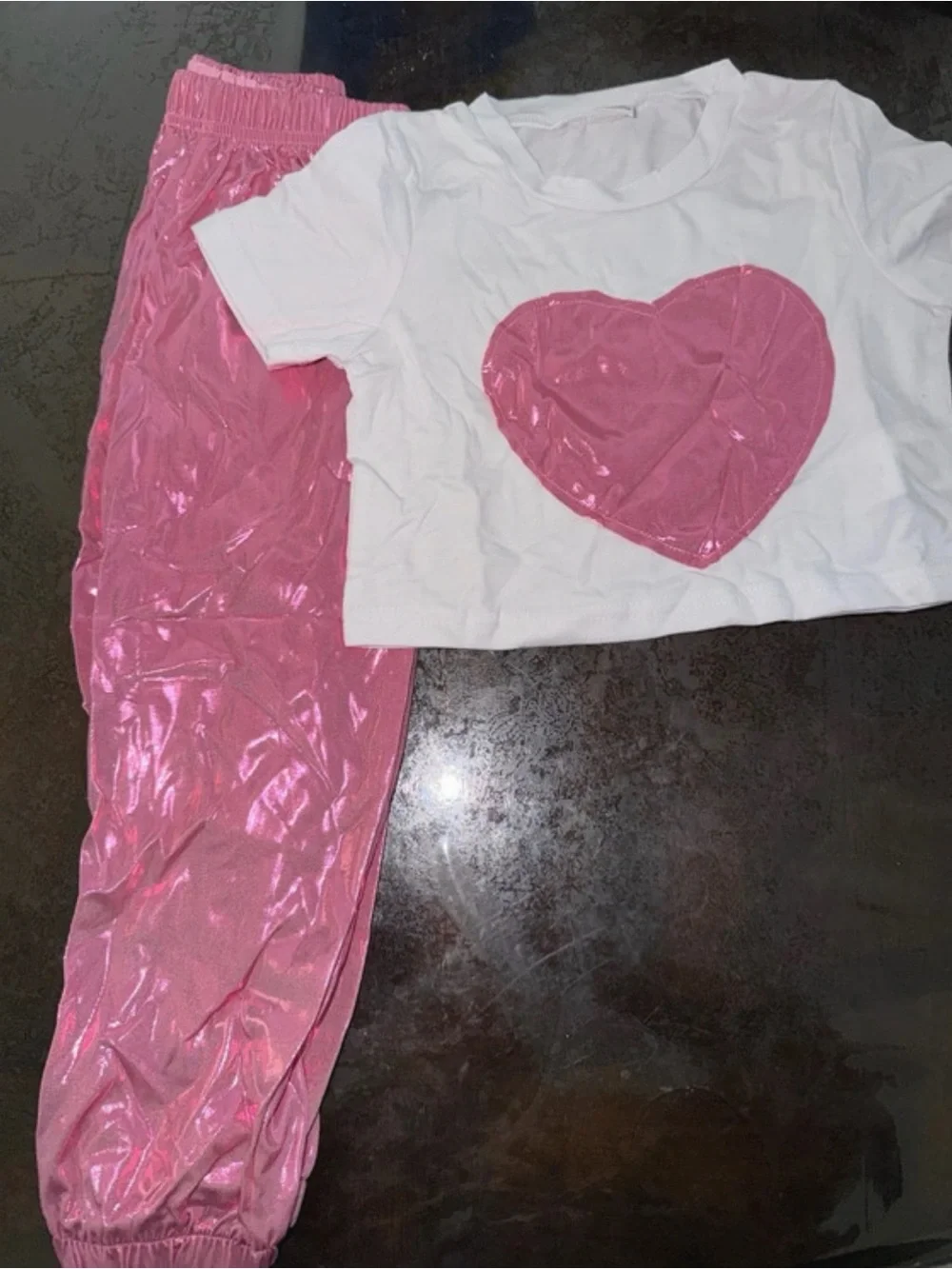 Girls' White Top & Shiny Pink Heart Jogger Set